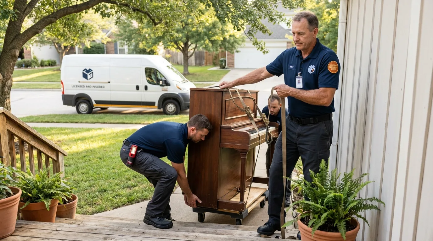 Licensed piano movers securing grand piano in Hickory, NC