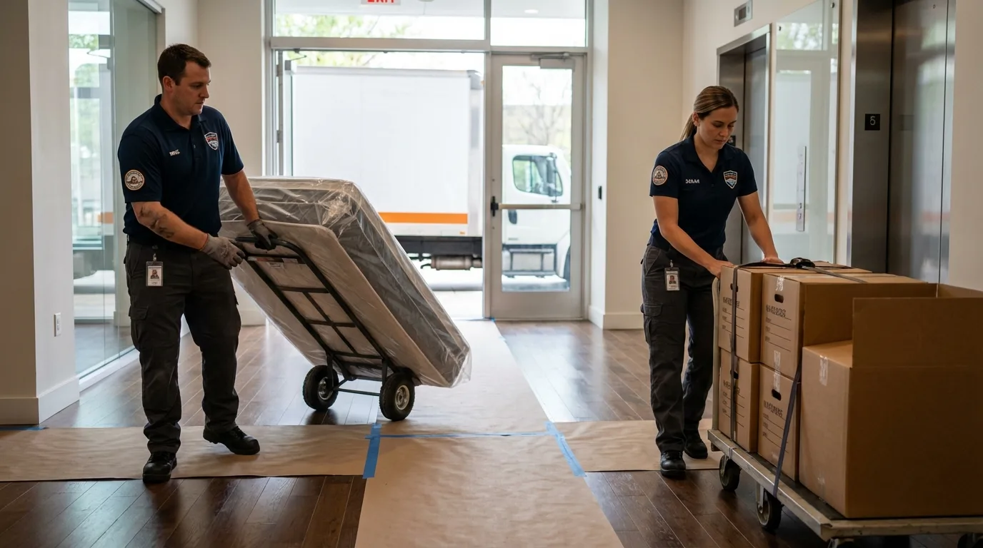 Professional apartment movers loading elevator in Hickory, NC